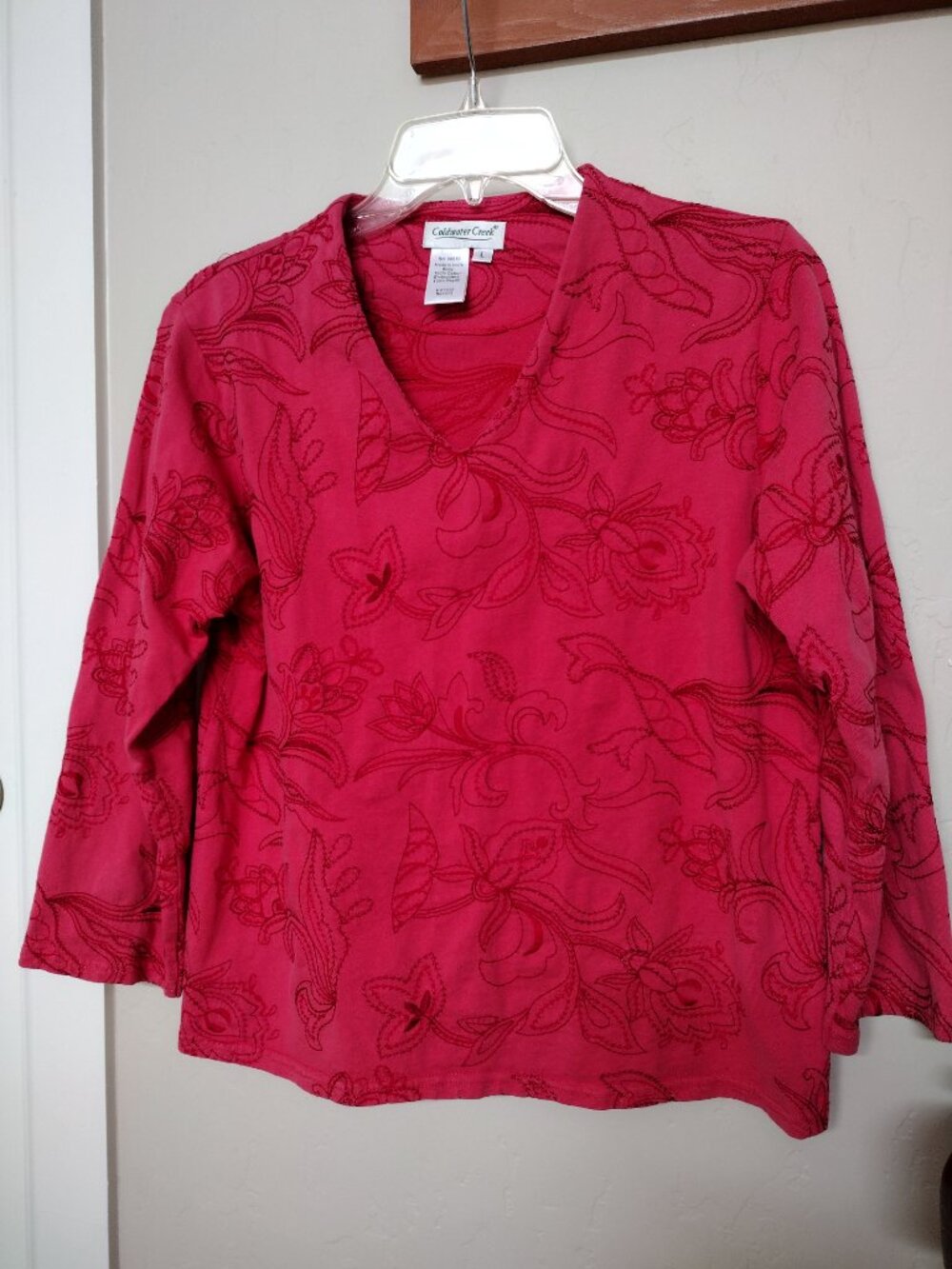 Coldwater Creek Red Embroidery Floral Long Sleeve Cotton Top